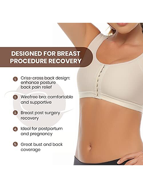 CORALIE Women Post Surgical Support Bra Front Closure Adjustable Straps Wireless Back Posture Corrector (L, BEIGE)