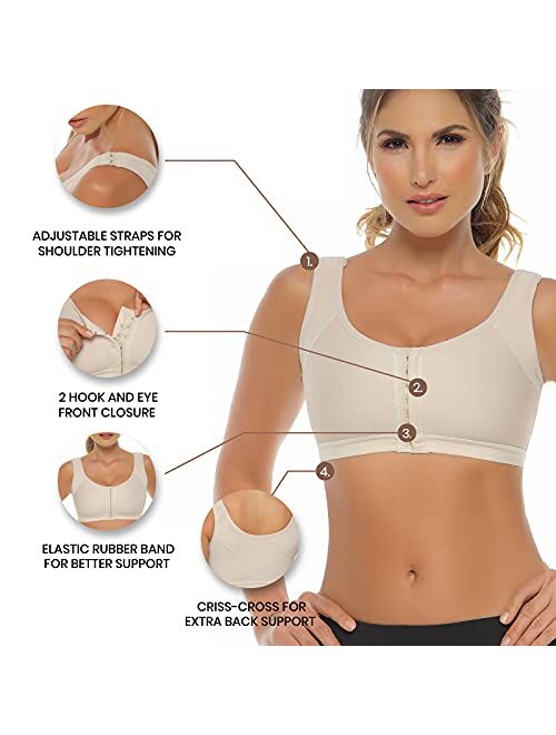 CORALIE Women Post Surgical Support Bra Front Closure Adjustable Straps Wireless Back Posture Corrector (L, BEIGE)