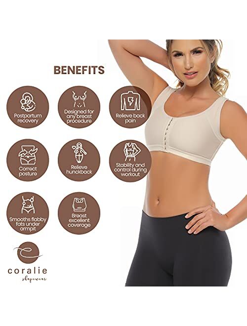 CORALIE Women Post Surgical Support Bra Front Closure Adjustable Straps Wireless Back Posture Corrector (L, BEIGE)