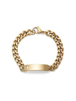 Men's ID Bracelet with Polished Plaque with Cross Silver & Gold Tone w/Engraving Options
