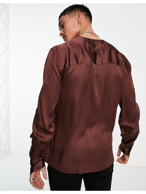 Asos Design regular fit wrap shirt in brown satin