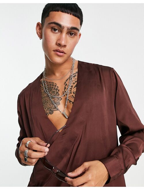 Asos Design regular fit wrap shirt in brown satin