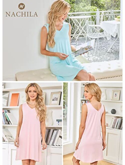 NACHILA Bamboo nightgown for women Sleeveless Sleepwear Lightweight V Neck Sleep Shirt Plus Size Sleep Dress S-4X