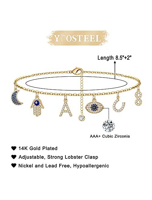 Evil Eye Ankle Bracelets for Women, 14K Gold Plated Horseshoe Blue CZ Moon Infinity Hamsa Hand Evil Eye Symbolic Jewelry Initial Evil Eye Anklets for Women