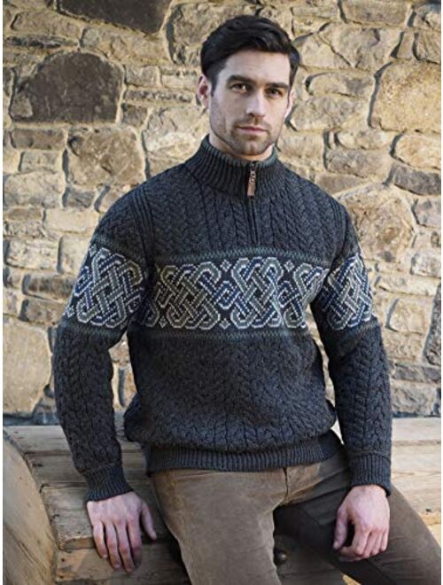 Aran Crafts Men's Irish Cable Knit Half Zip Jacquard Sweater (100% Merino Wool)