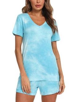 MOLOME Womens Tie Dye Pajamas Short Soft Bamboo Sleeve Nightwear V-Neck Pajama Short Sets Sleepwear Plus Size S-4XL