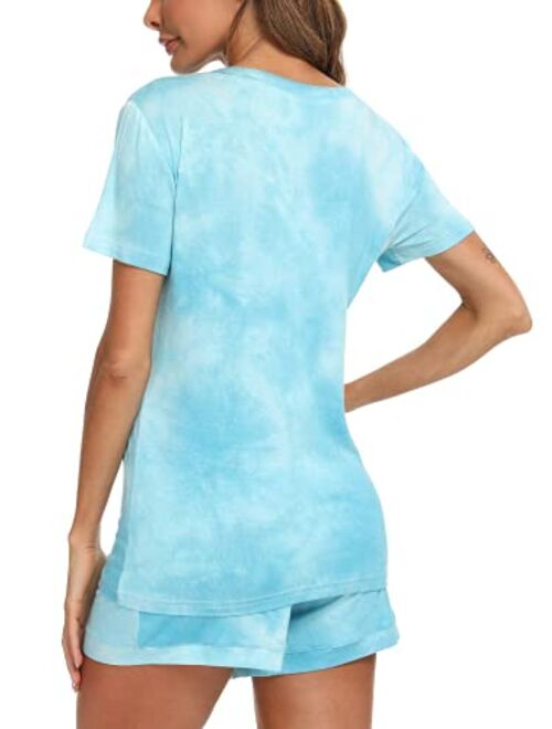 MOLOME Womens Tie Dye Pajamas Short Soft Bamboo Sleeve Nightwear V-Neck Pajama Short Sets Sleepwear Plus Size S-4XL