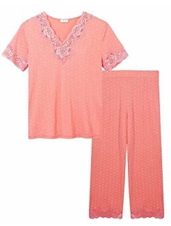 Cherrydew Women's Sleepwear Bamboo Lace Trim Top and Pants Pajama Set Two Piece Loungewear Pjs