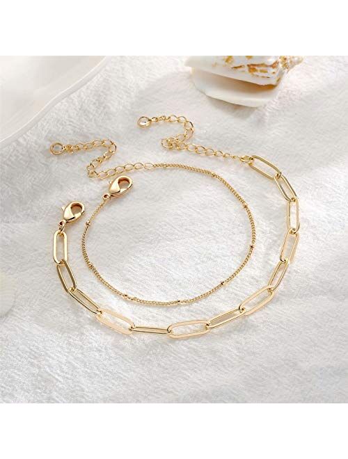 Dainty Gold Bracelets for Women, 14K Gold Plated Adjustable Layered Bracelet Cute Evil Eye Oval Chain Pearl Bar Turtle Gold Bracelets for Women Jewelry