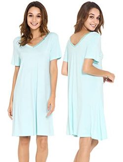 Nightgowns for Women Short Sleeve Sleepwear Soft Bamboo Pajamas V Neck Sleep Shirt Plus Size Loungewear S-4X