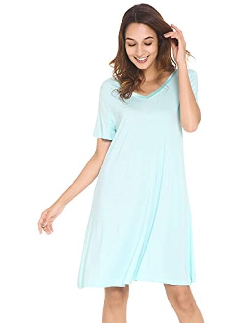 WiWi Nightgowns for Women Short Sleeve Sleepwear Soft Bamboo Pajamas V Neck Sleep Shirt Plus Size Loungewear S-4X
