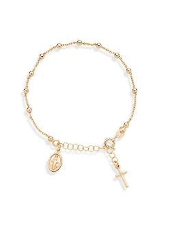 18K Gold Over Sterling Silver Italian Rosary Cross Bead Charm Link Chain Bracelet for Women Teen Girls, Adjustable 6-7 or 7-8 Inch 925 Made in Italy