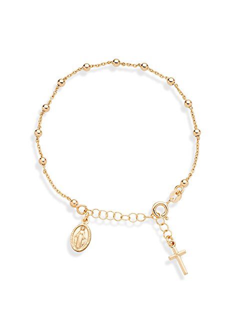 Miabella 18K Gold Over Sterling Silver Italian Rosary Cross Bead Charm Link Chain Bracelet for Women Teen Girls, Adjustable 6-7 or 7-8 Inch 925 Made in Italy