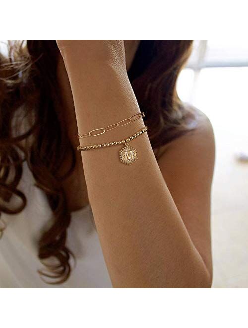 Gold Initial Bracelets for Women, 14K Gold Plated Beaded Bracelets for Women Teen Girls Hexagon Pendant Personalized Gold Layered Paperclip Link Chain Bracelets Initial B
