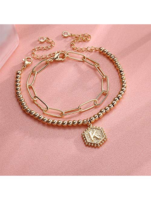 Gold Initial Bracelets for Women, 14K Gold Plated Beaded Bracelets for Women Teen Girls Hexagon Pendant Personalized Gold Layered Paperclip Link Chain Bracelets Initial B