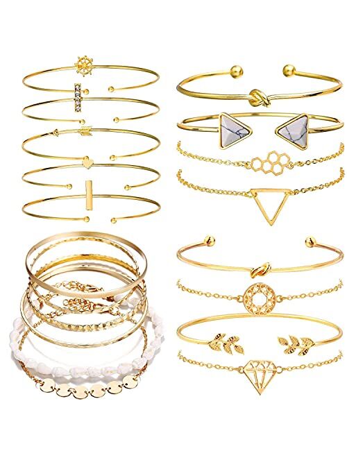 19pcs Multiple Layered Stackable Open Cuff Wrap Bangle Rose gold Gold Bracelets for Women Jewelry Adjustable Bangles for Girls Set Gifts