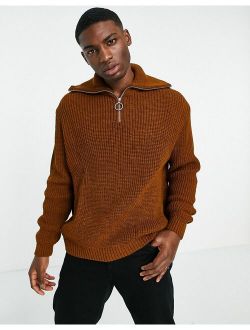 knitted oversized rib half zip sweater in brown melange