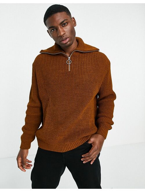 Asos Design knitted oversized rib half zip sweater in brown melange
