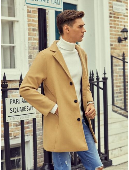 Shein Men Solid Button Through Lapel Collar Coat