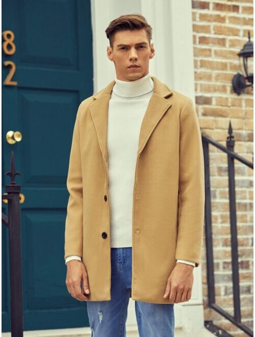 Shein Men Solid Button Through Lapel Collar Coat