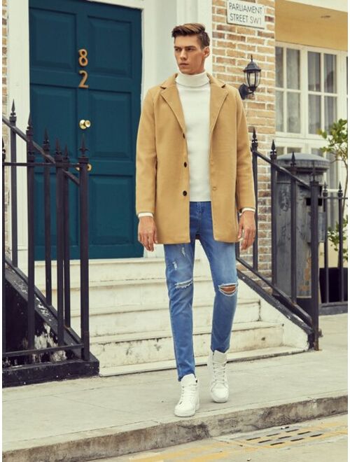 Shein Men Solid Button Through Lapel Collar Coat