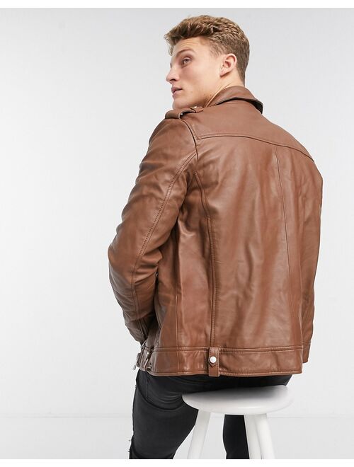 ASOS DESIGN leather biker jacket in tan