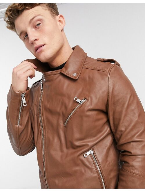 ASOS DESIGN leather biker jacket in tan