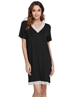 GYS Bamboo Nightgowns for Women Short Sleeve Sleep Shirts Soft Sleepwear Nightshirt Lace Trim Loungewear