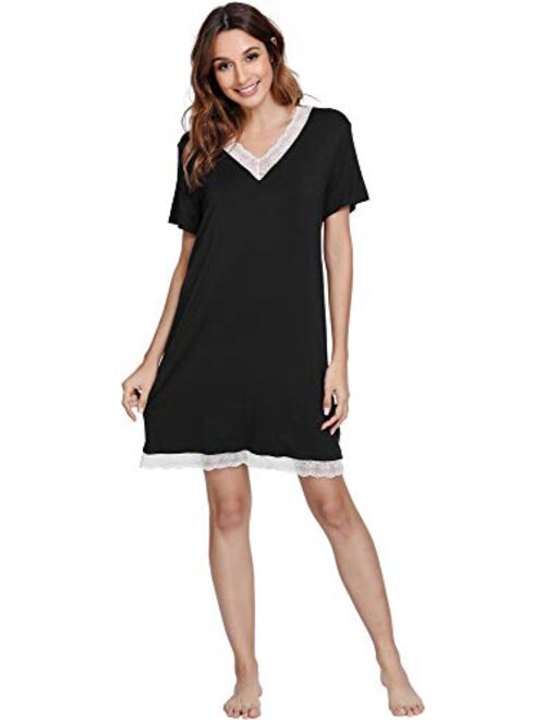 GYS Bamboo Nightgowns for Women Short Sleeve Sleep Shirts Soft Sleepwear Nightshirt Lace Trim Loungewear