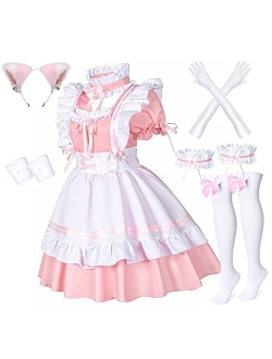Anime French Maid Apron Lolita Fancy Dress Cosplay Costume Furry Cat Ear Gloves Socks Set