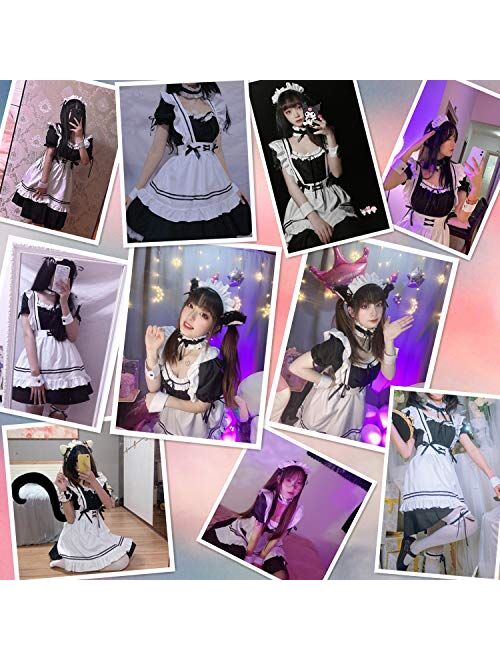 Anime French Maid Apron Lolita Fancy Dress Cosplay Costume Furry Cat Ear Gloves Socks Set