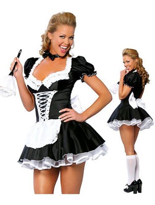 JJ-GOGO Women's French Maid Costume Sexy Black Satin Halloween Fancy Dress S-5XL