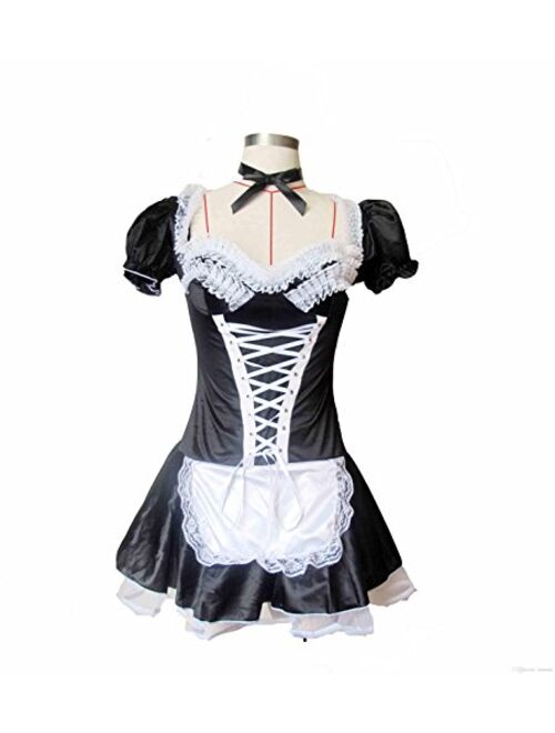 JJ-GOGO Women's French Maid Costume Sexy Black Satin Halloween Fancy Dress S-5XL
