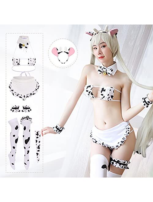 Women Sexy Milk Cow Maid Lingerie Set Anime Lolita Cosplay Mini Bikini Bra Underwear Nightwear Fancy Dress up Costume