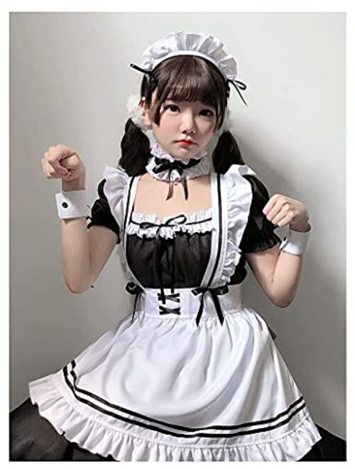 Halloween Women's Cat Ear Maid Costume with Apron Women Lace Layers Maid Outfits Cosplay Costumes