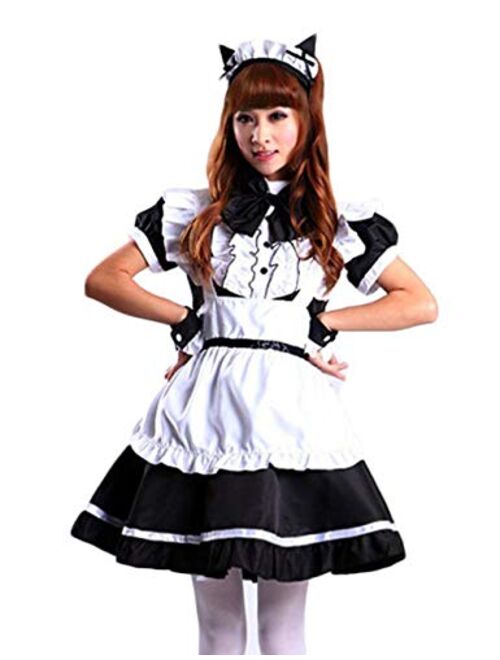 GRAJTCIN Women's Cat Ear French Maid Costume with Apron, 5 Pieces Fancy Dress for Halloween Cosplay