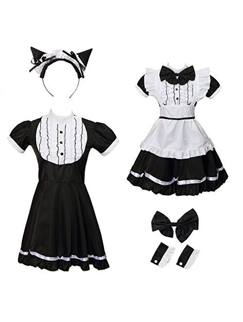 GRAJTCIN Women's Cat Ear French Maid Costume with Apron, 5 Pieces Fancy Dress for Halloween Cosplay