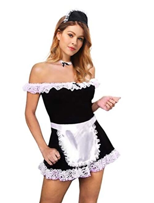 Women's Maid Costume 5 Pieces Dress Apron Neck Head Piece Black/White, One Size