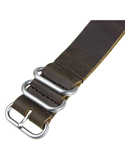 INFANTRY 20mm 22mm Genuine Leather Watch Band, 5 Rings Black/Brown Watch Strap, Relacement Slip-Thru Watchband, with Stainless Steel Buckle