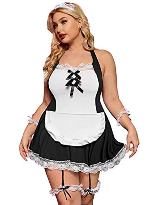 ROMWE Women's Plus Size Lingeire Sexy French Maid Outfit Stretchy Cosplay Lace Outfit Sets