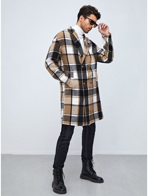 SHEIN Men Plaid Lapel Neck Double Breasted Overcoat