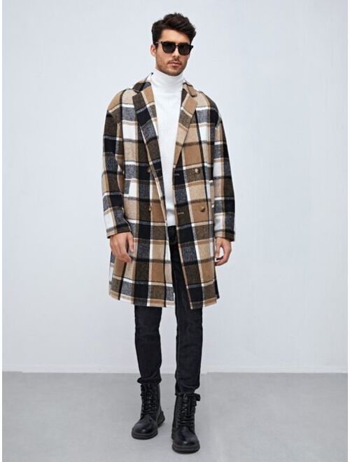 SHEIN Men Plaid Lapel Neck Double Breasted Overcoat