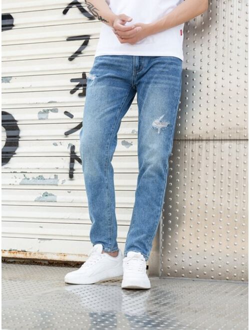 Shein Men Stone Washed Ripped Straight Leg Jeans