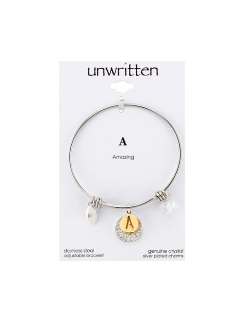 Unwritten Pave and Initial Disc Bangle Bracelet in Stainless Steel and Silver Plated