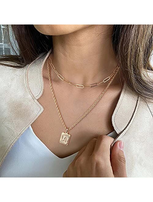 Gold Layered Initial Necklaces for Women, 14K Gold Plated Initial Pendant Necklaces Paperclip Link Rope Chain Necklaces for Women Teen Girl Jewelry Gifts