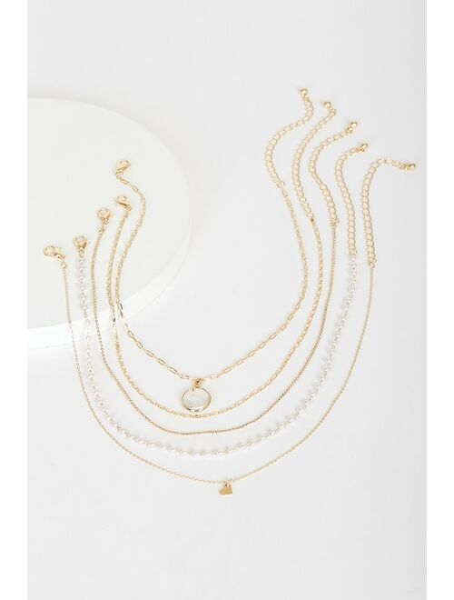 Lulus Heart of the Ocean Gold Pearl Layered Choker Necklace Set