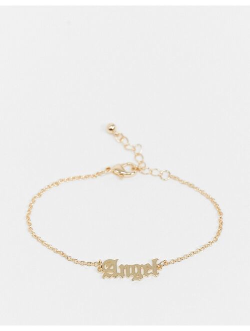 Asos Design chain bracelet with angel gothic font in gold tone
