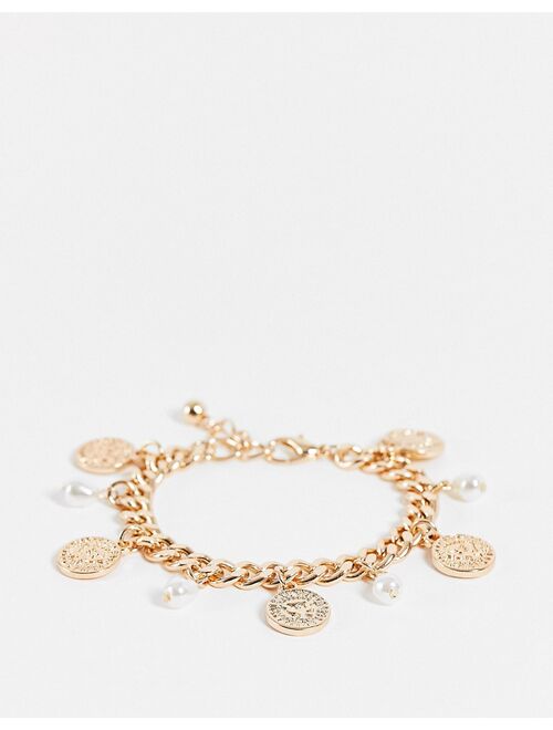 Asos Design chain bracelet with coin charms and pearl in gold tone