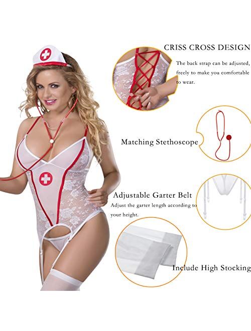 XSPICE Naughty Nurse Lingerie Costume Doctor Uniform Cosplay Outfit for Women with Stethoscope