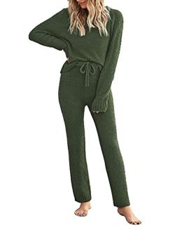 GRAPENT Women's Casual Long Sleeve Pajama Set Fuzzy Knitted Sweater Pj Loungewear